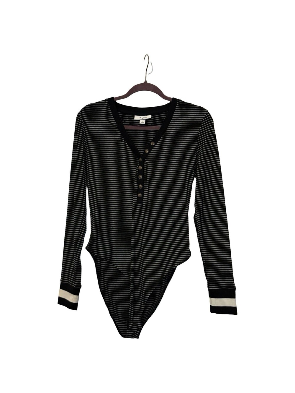 La Ligne Target Womens Black White Striped Henley Long Sleeve Bodysuit Size L
